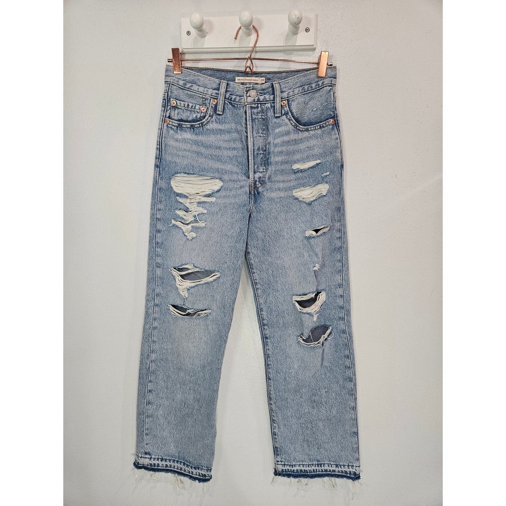 Levis Ribcage Straight Ankle Jeans Light Wash Distressed Raw Hem 28